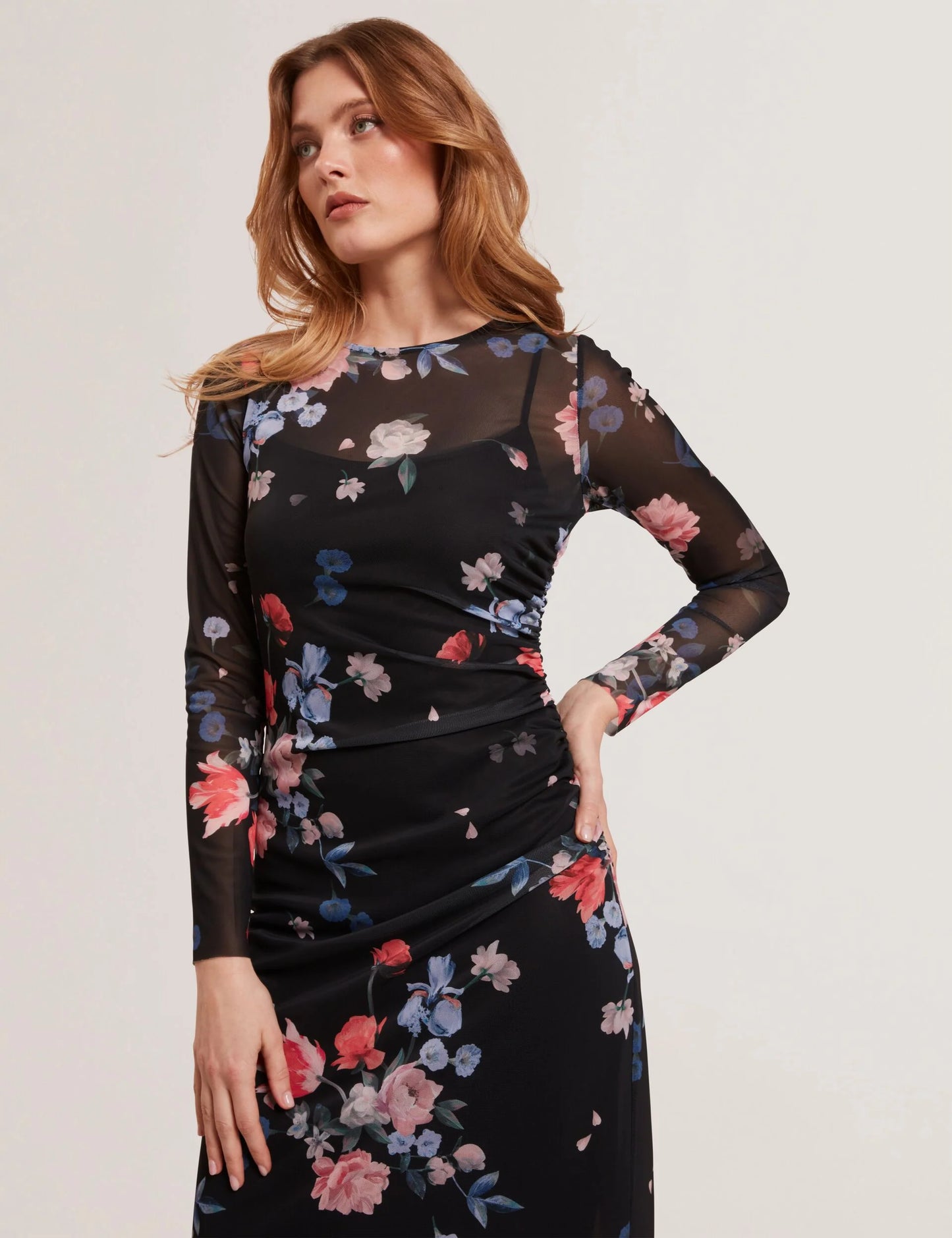 MESH PRINTED COLUMN DRESS | RICH BLACK