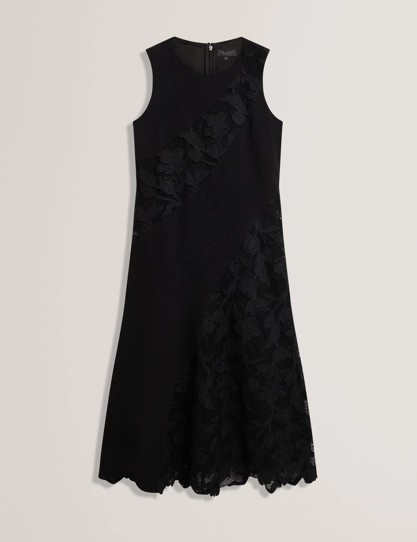 SLEEVELESS LACE APPLIQUE MIDI DRESS | RICH BLACK