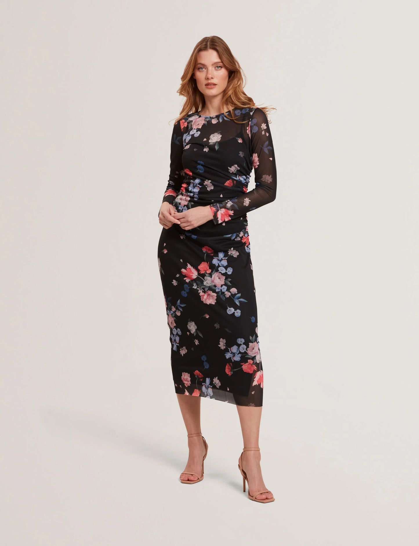 MESH PRINTED COLUMN DRESS | RICH BLACK