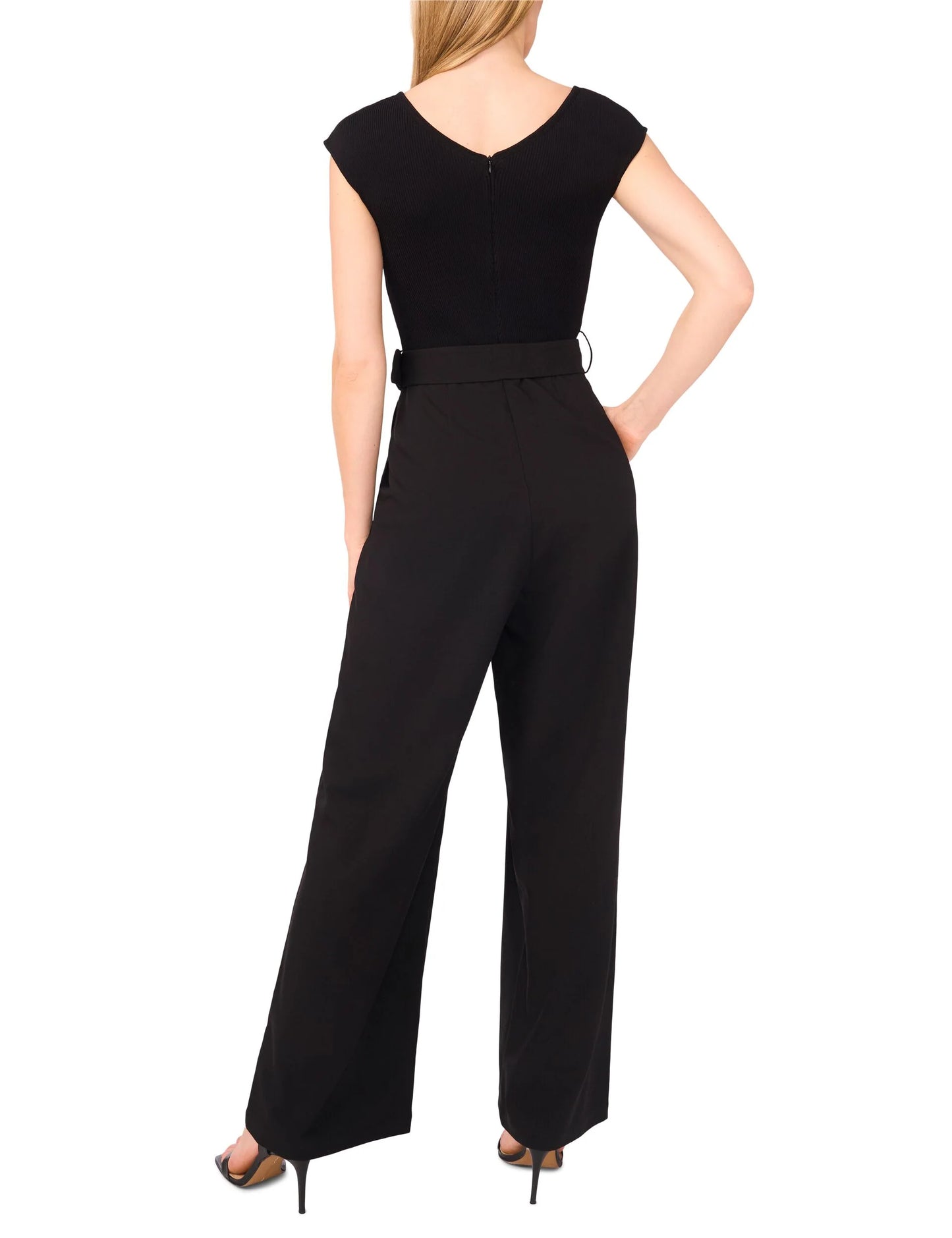 V-NECK JUMPSUIT WITH WOVEN BOTTOM | RICH BLACK
