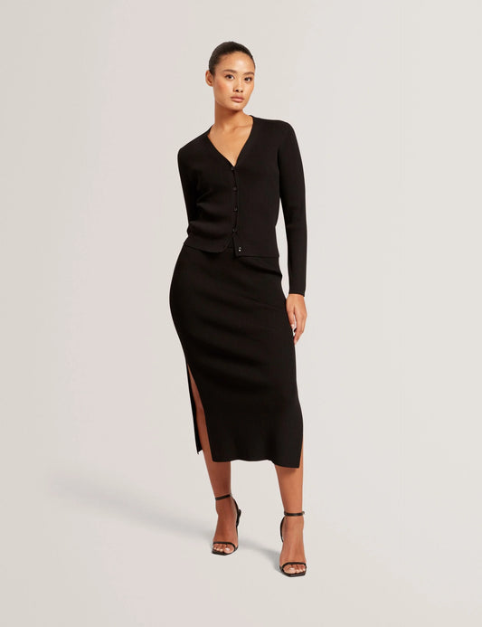 V-NECK CARDIGAN WITH RIB | RICH BLACK