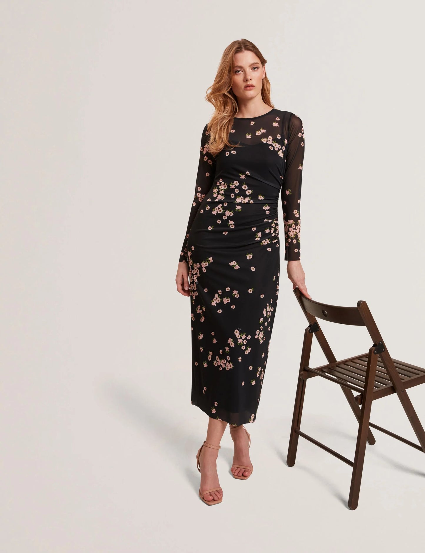 MESH PRINTED COLUMN DRESS | RICH BLACK