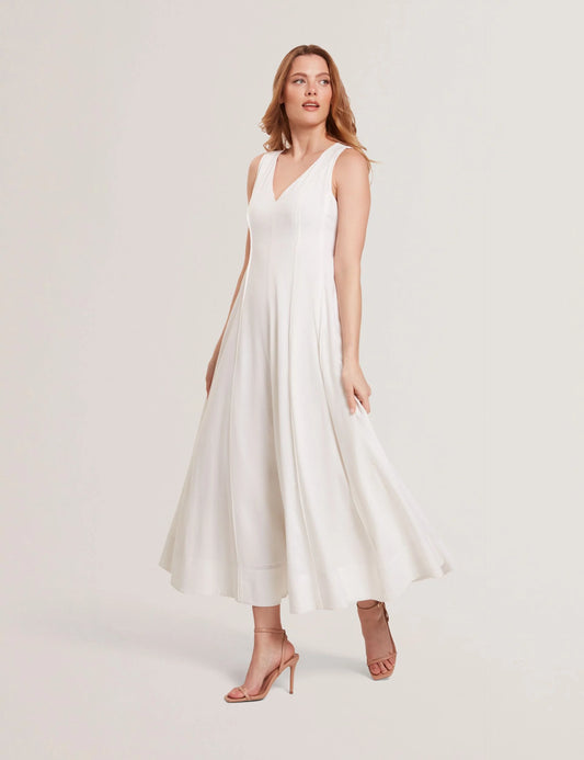 SLEEVELESS V-NECK PLEATED MAXI DRESS | ULTRA WHITE