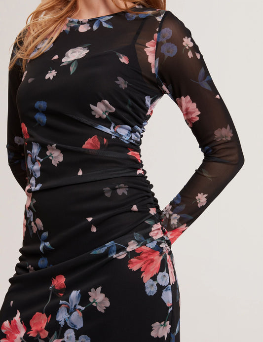 MESH PRINTED COLUMN DRESS | RICH BLACK