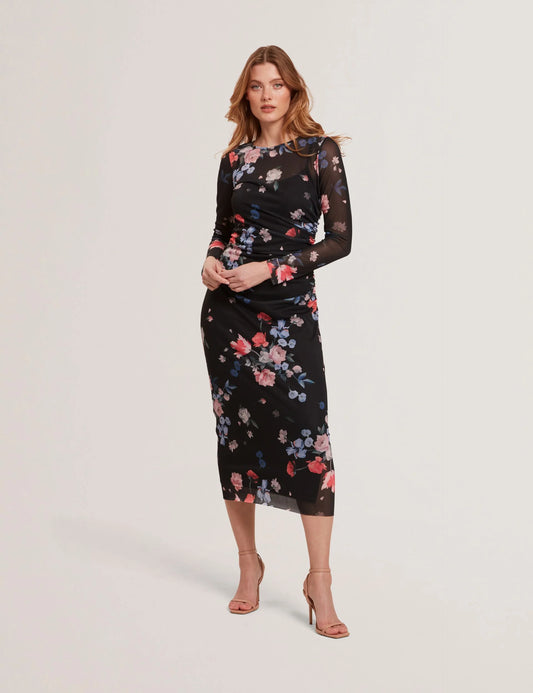 MESH PRINTED COLUMN DRESS | RICH BLACK
