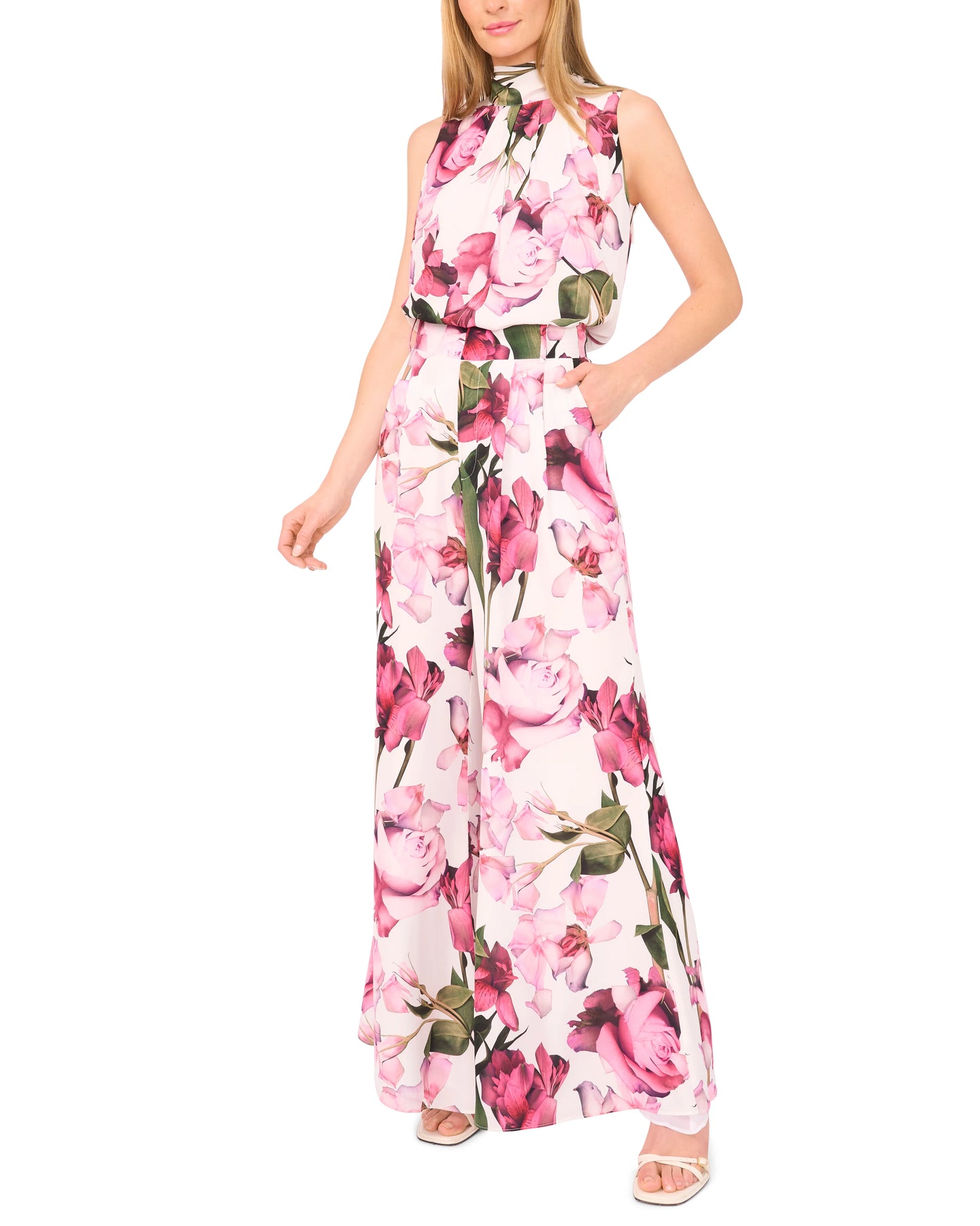 FLORAL SATIN SLEEVELESS BLOUSE | ULTRA WHITE