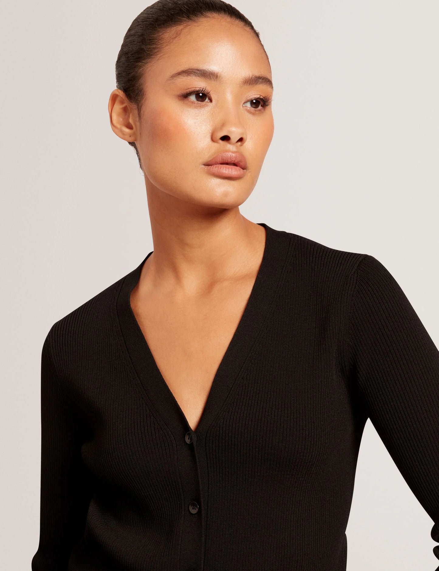 V-NECK CARDIGAN WITH RIB | RICH BLACK