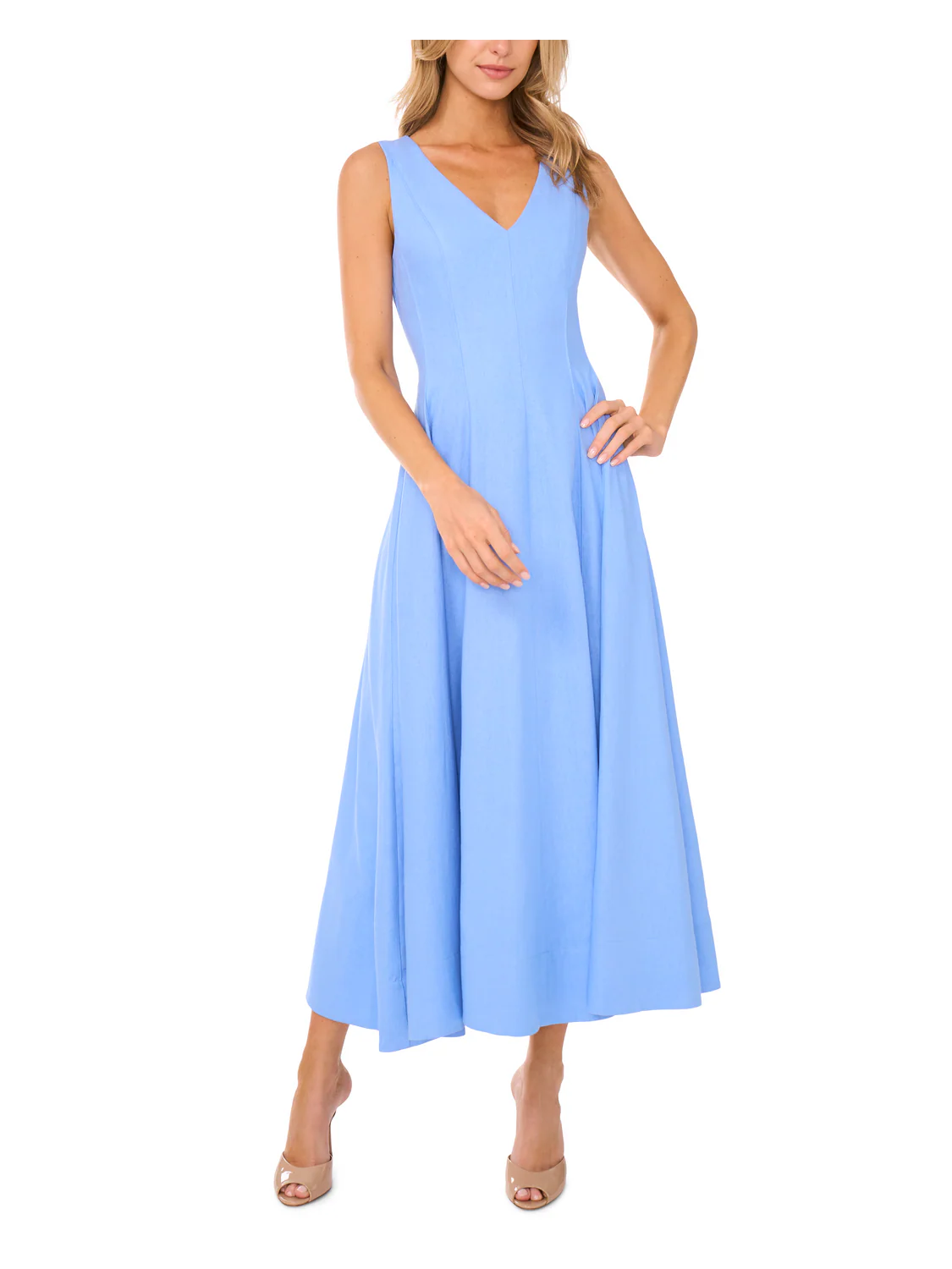 SLEEVELESS V NECK PLEATED MAXI DRESS | HYDRANGEA