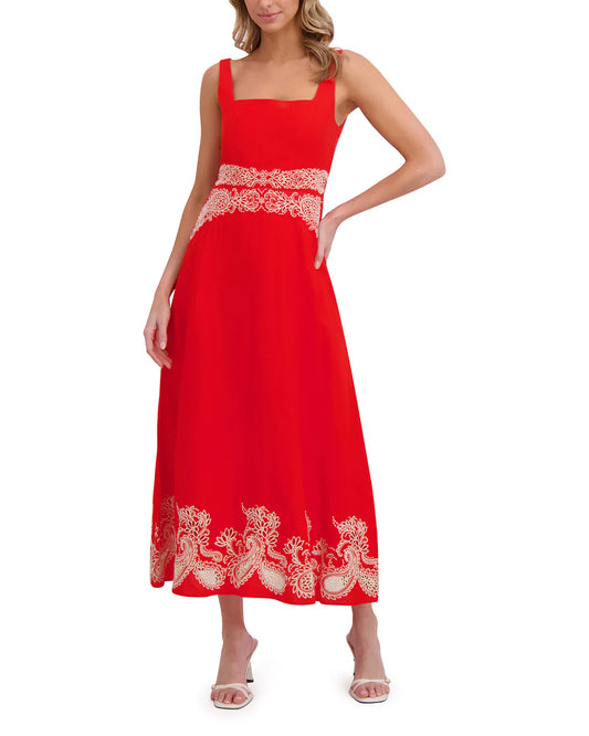 EMBROIDERY DETAIL MIDI DRESS | FLAME SCARLET