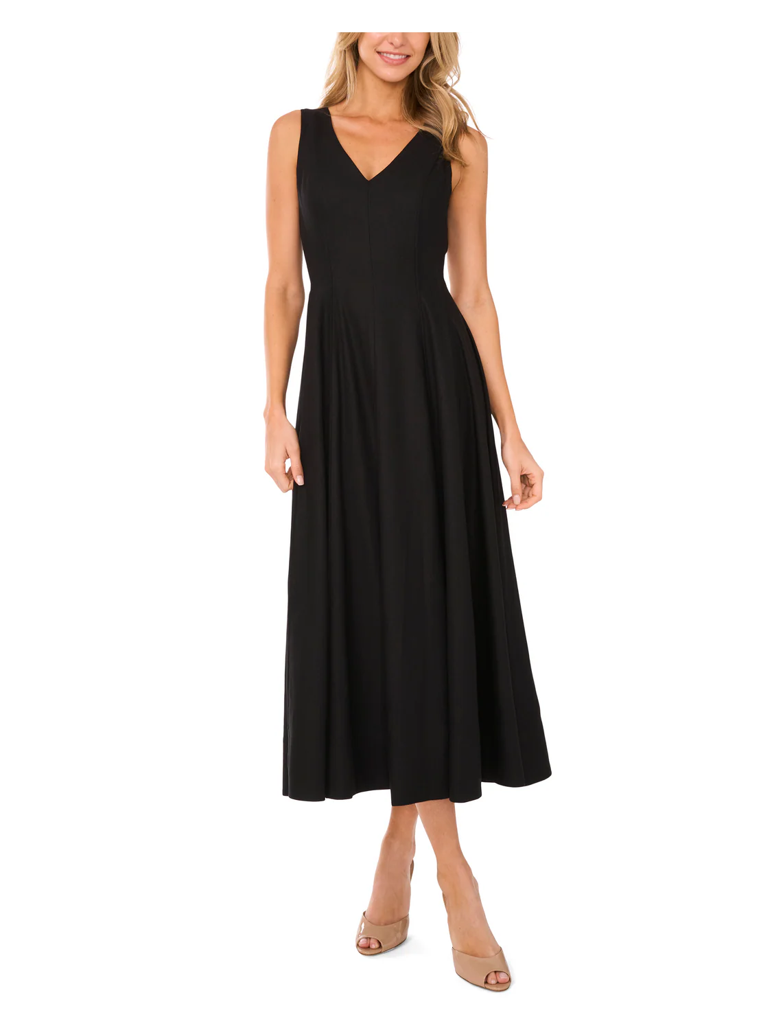 SLEEVELESS V-NECK PLEATED MAXI DRESS | RICH BLACK