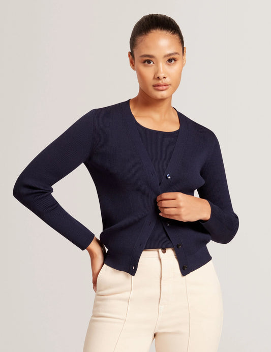V-NECK CARDIGAN WITH RIB | CLASSIC NAVY